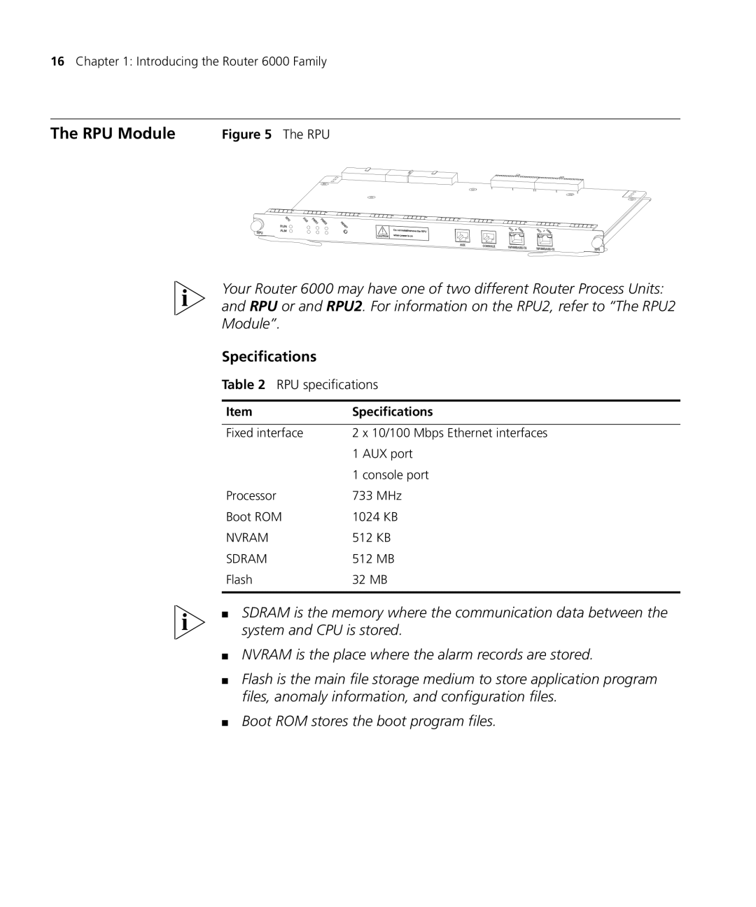 3Com 6000 manual RPU Module, Specifications 