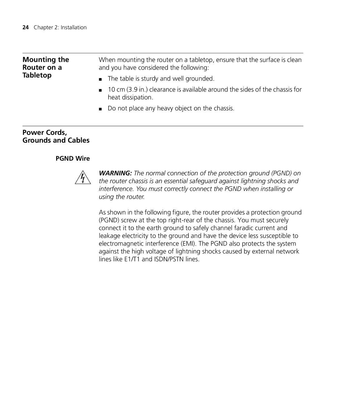 3Com 6000 manual Mounting the Router on a Tabletop, Power Cords Grounds and Cables, Pgnd Wire 