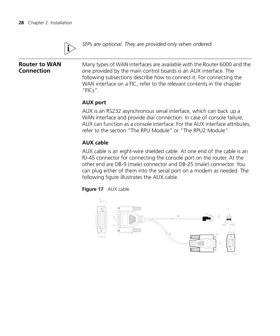 3Com 6000 manual Router to WAN, Connection, AUX port, AUX cable 