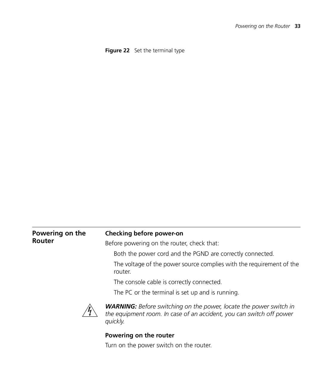 3Com 6000 Powering on the Router, Checking before power-on, Powering on the router, Turn on the power switch on the router 