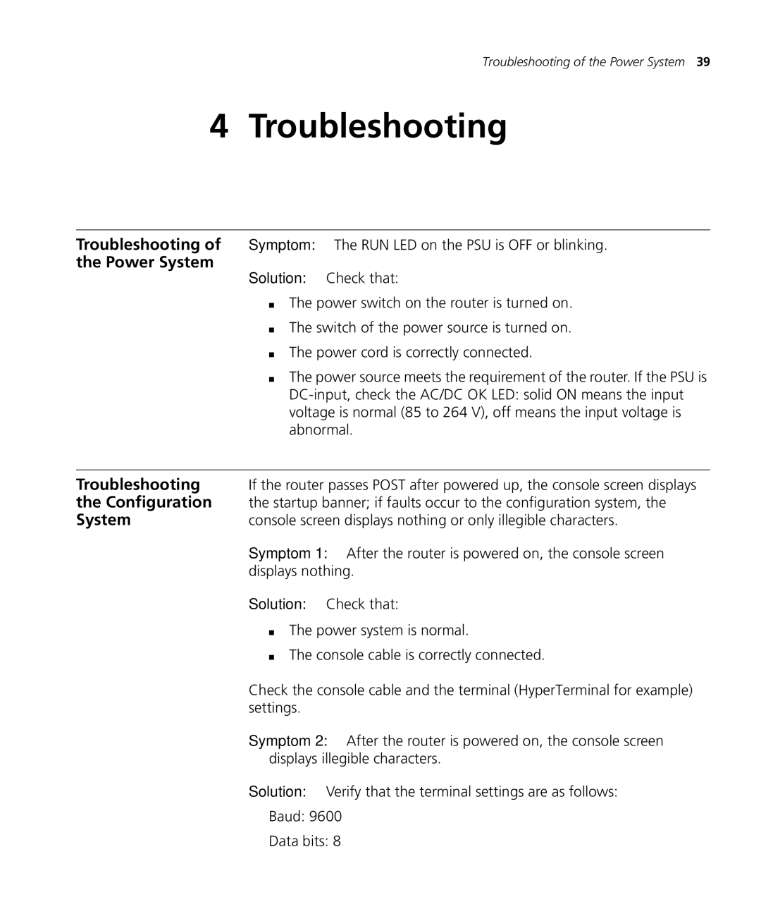 3Com 6000 manual Troubleshooting, Power System, Configuration 