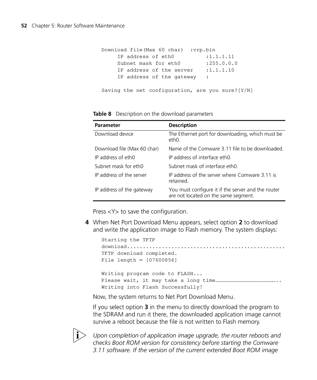 3Com 6000 Press Y to save the configuration, Now, the system returns to Net Port Download Menu, Parameter Description 