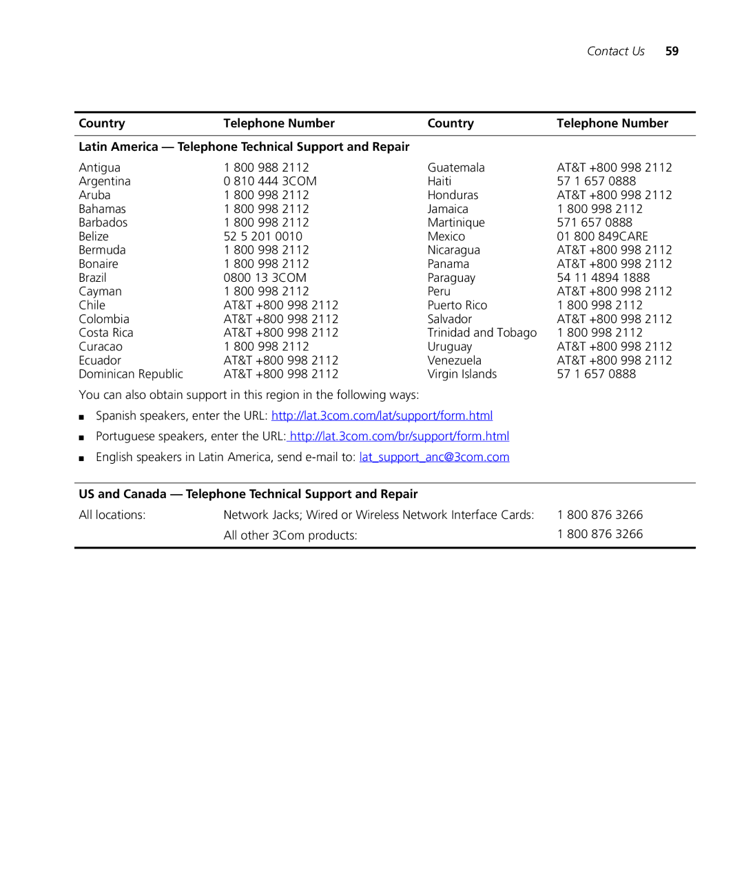 3Com 6000 manual US and Canada Telephone Technical Support and Repair 