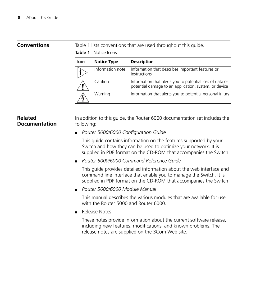 3Com 6000 manual Conventions, Related, Documentation 