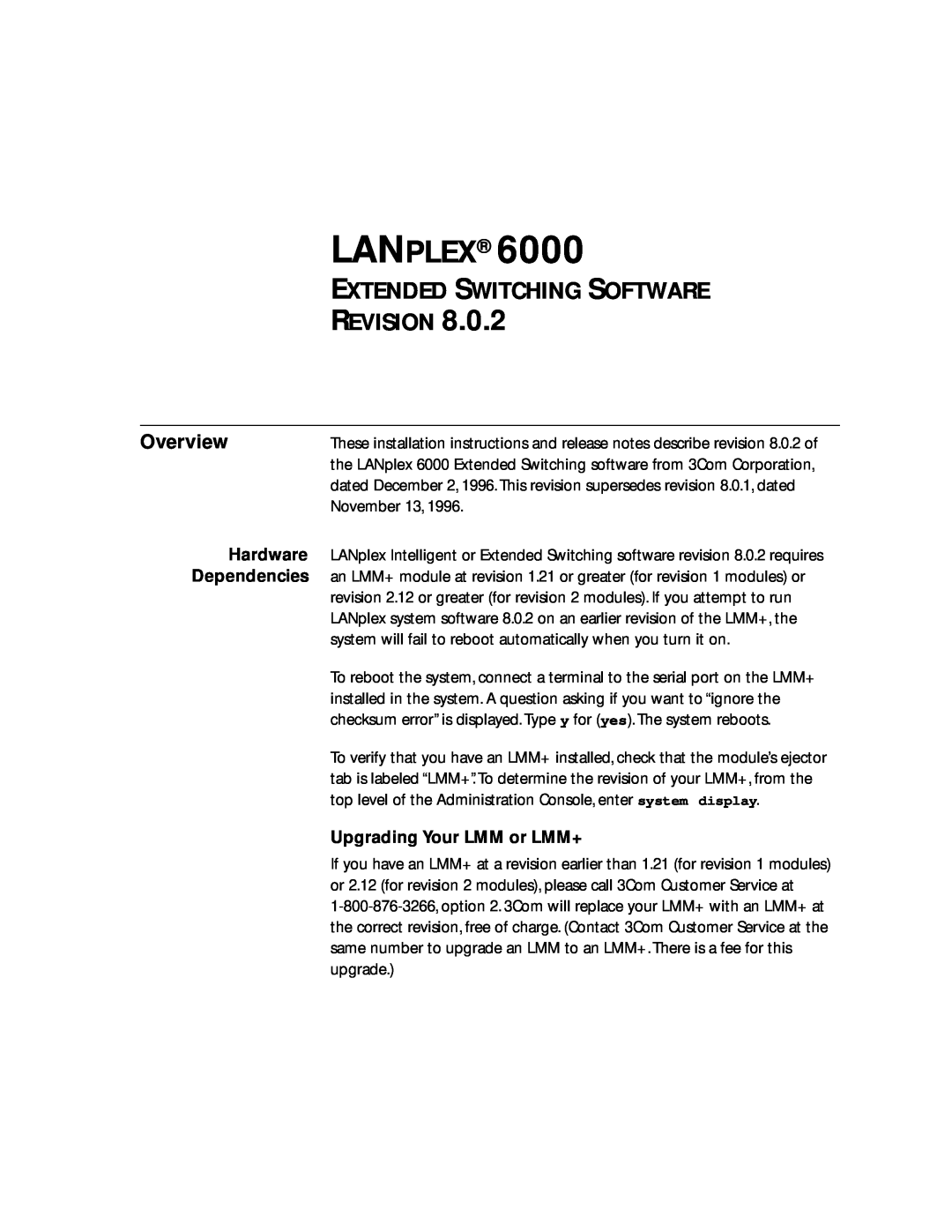 3Com 6000 manual Overview, Lanplex, Extended Switching Software Revision 