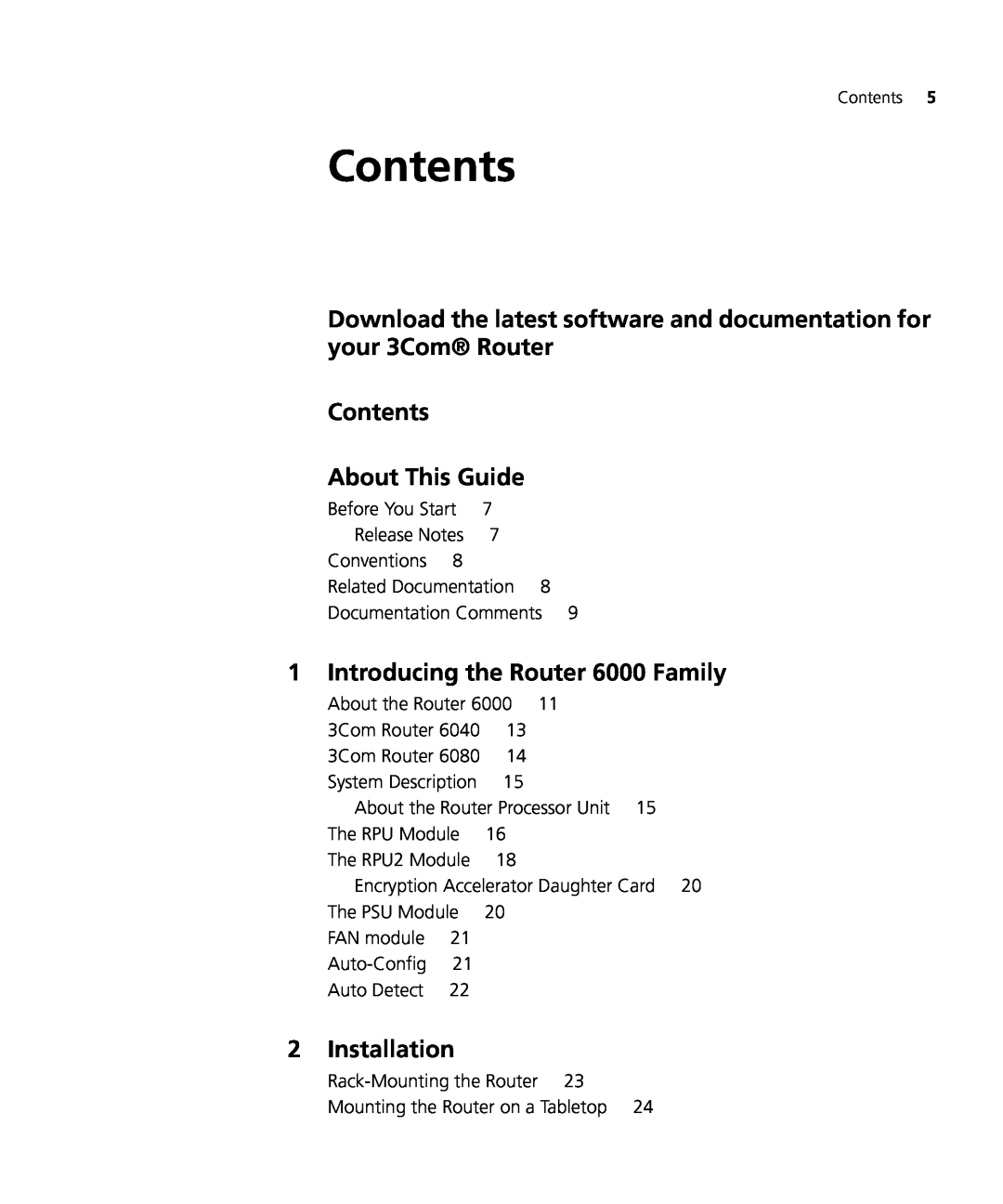 3Com manual Contents About This Guide, Introducing the Router 6000 Family, Installation 