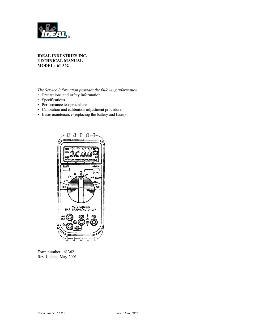 3Com 61-362 technical manual Ideal Industries INC Technical Manual, Model 