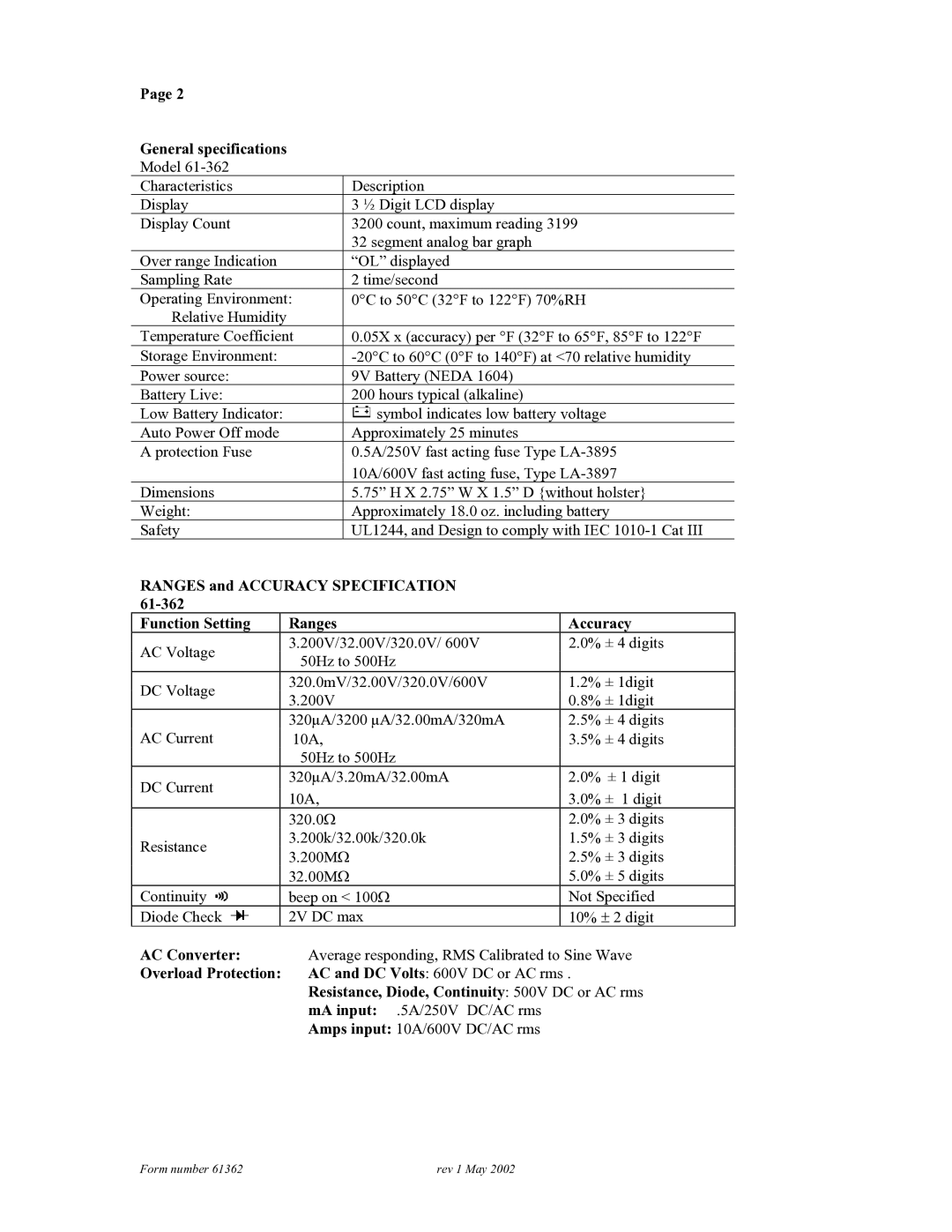 3Com technical manual General specifications, Ranges and Accuracy Specification 61-362 Function Setting, AC Converter 