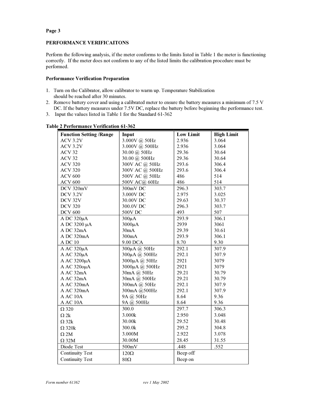 3Com 61-362 technical manual Performance Verificaitons, Performance Verification Preparation 