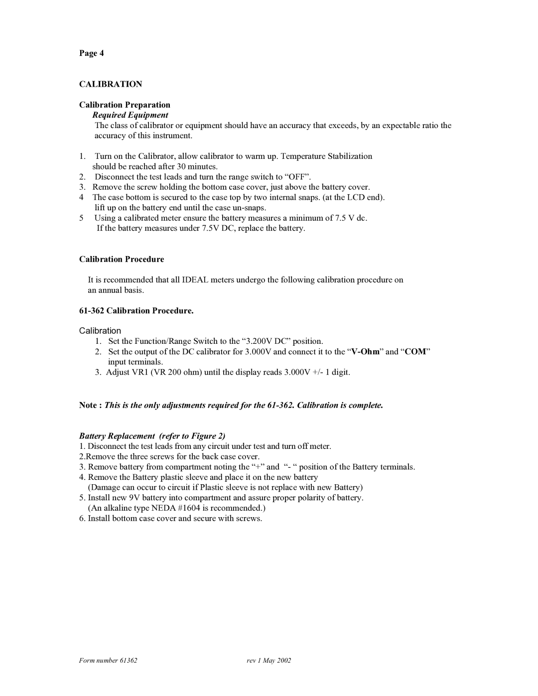 3Com 61-362 Calibration Preparation, Required Equipment, Calibration Procedure, Battery Replacement refer to Figure 