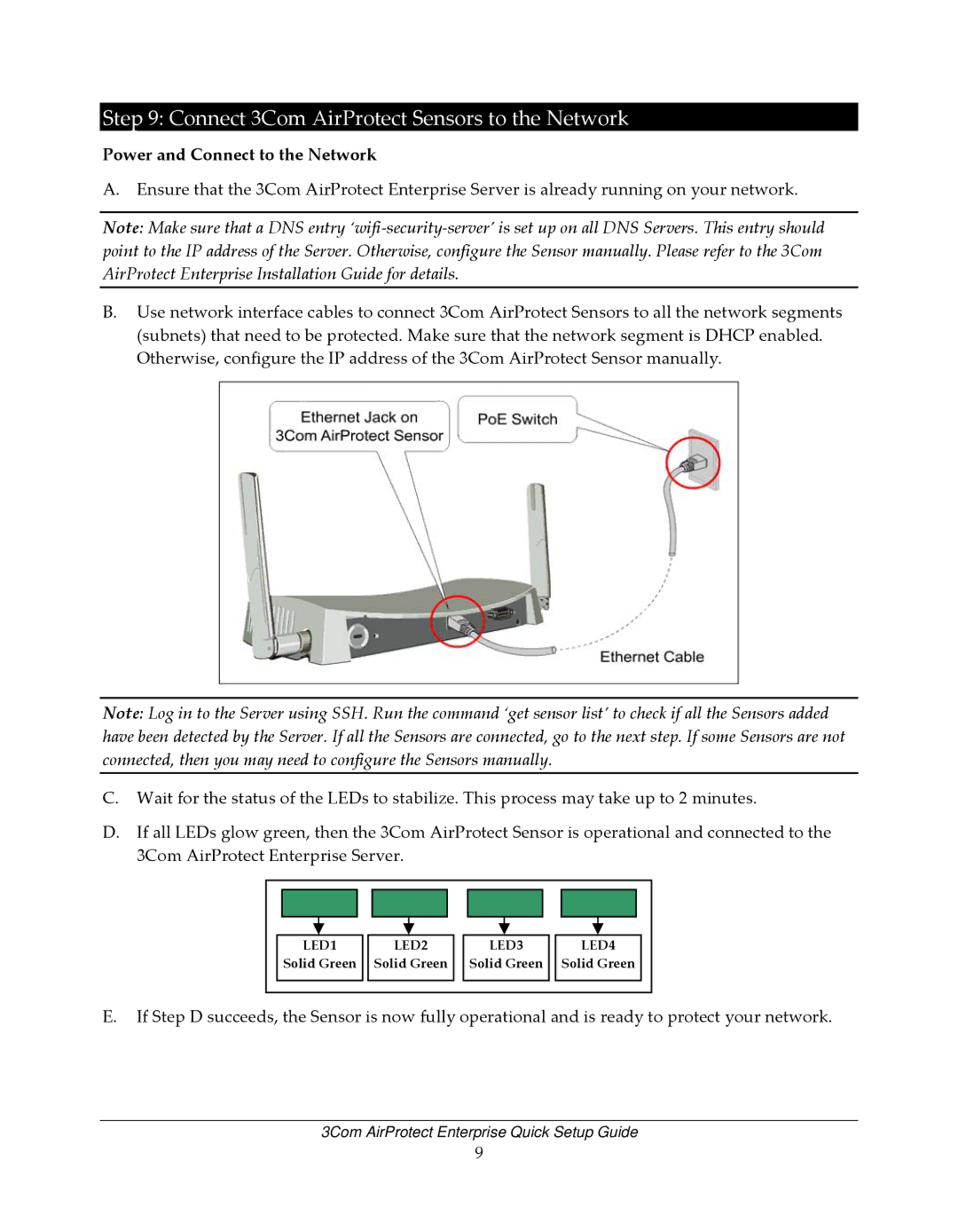 3Com 6100 setup guide Connect 3Com AirProtect Sensors to the Network, Power and Connect to the Network 