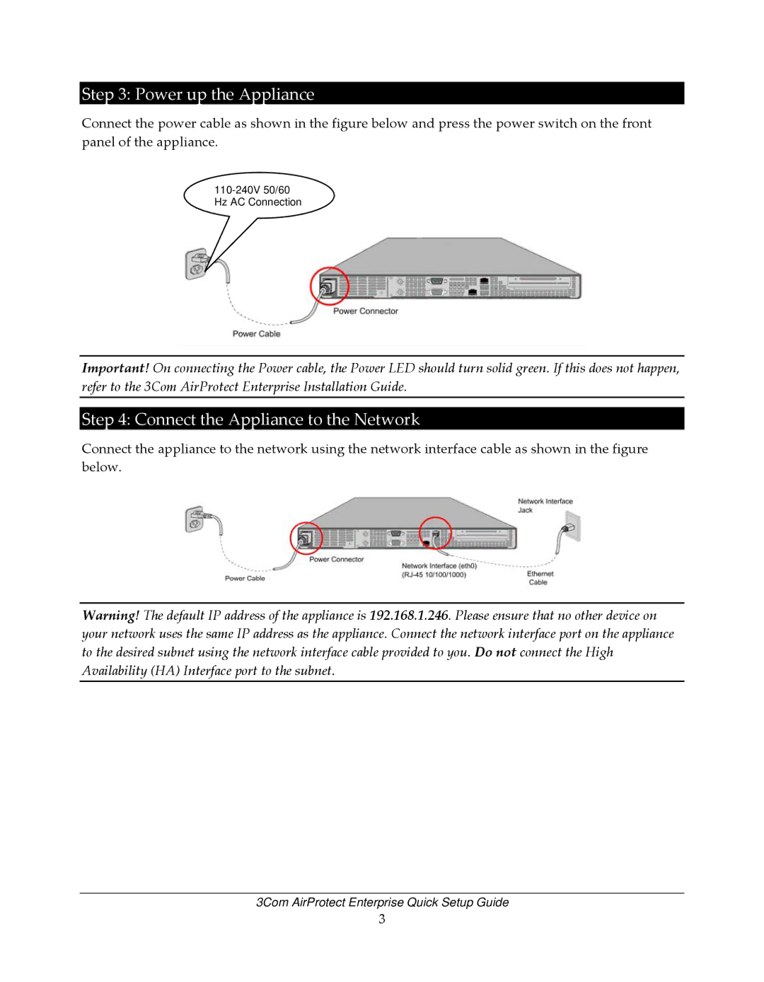 3Com 6100 setup guide Power up the Appliance, Connect the Appliance to the Network 