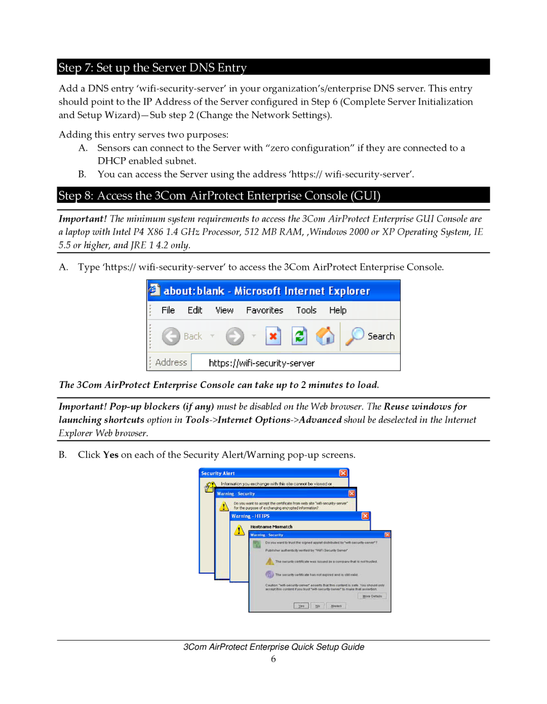 3Com 6100 setup guide Set up the Server DNS Entry, Access the 3Com AirProtect Enterprise Console GUI 