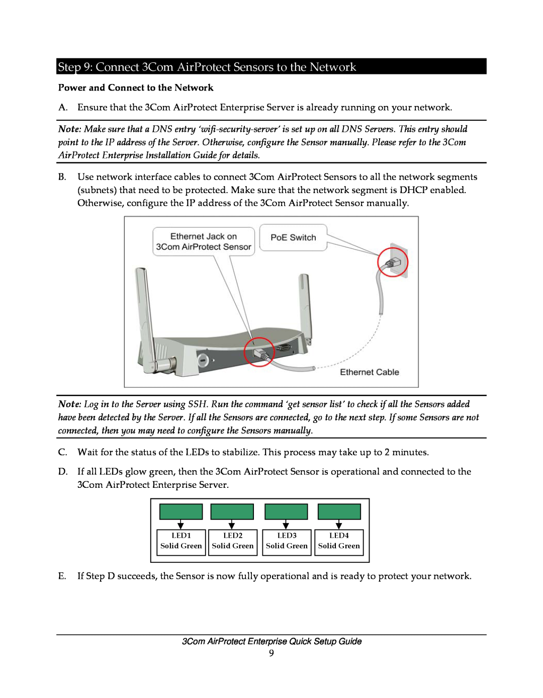 3Com 6100 setup guide Connect 3Com AirProtect Sensors to the Network, Power and Connect to the Network 
