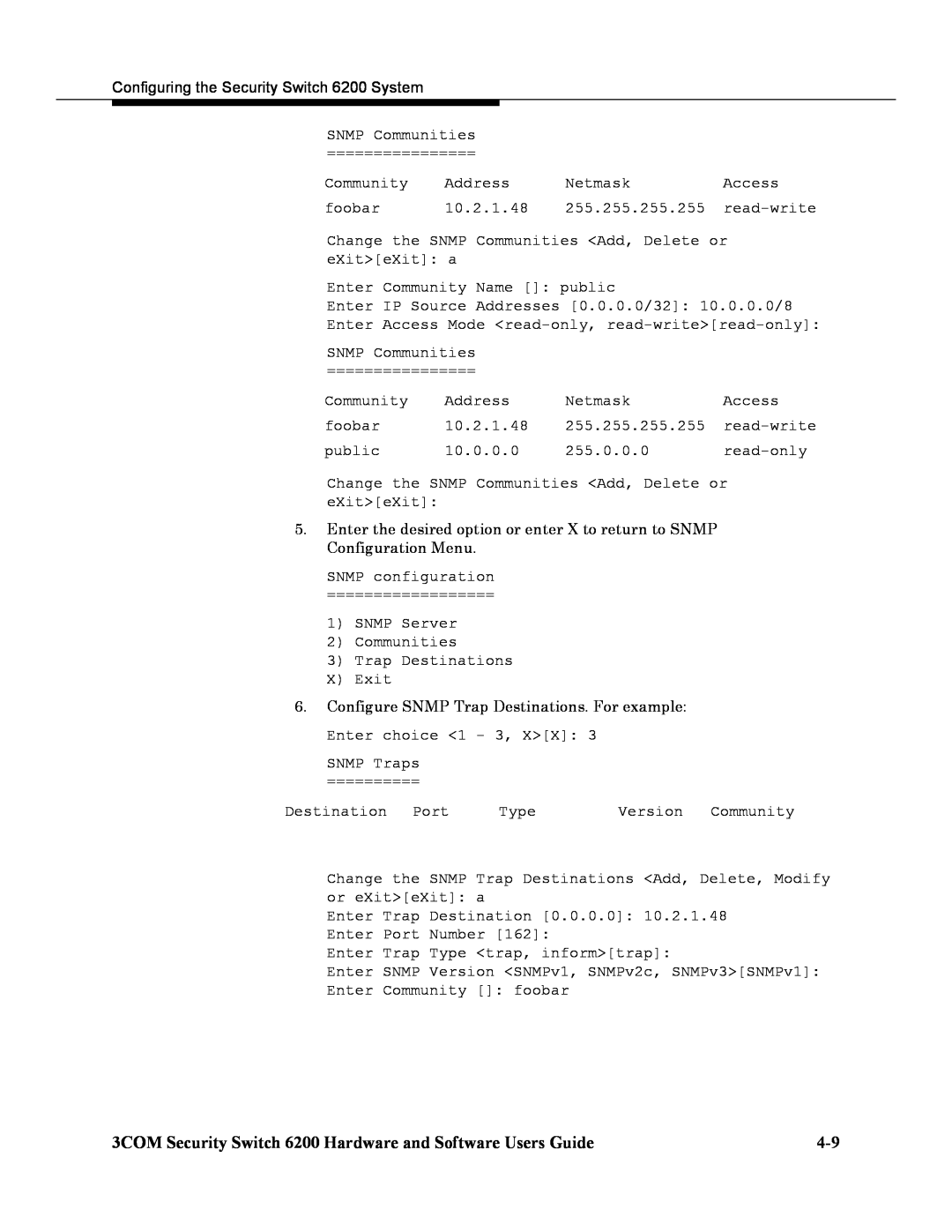 3Com manual 3COM Security Switch 6200 Hardware and Software Users Guide, Configure SNMP Trap Destinations. For example 