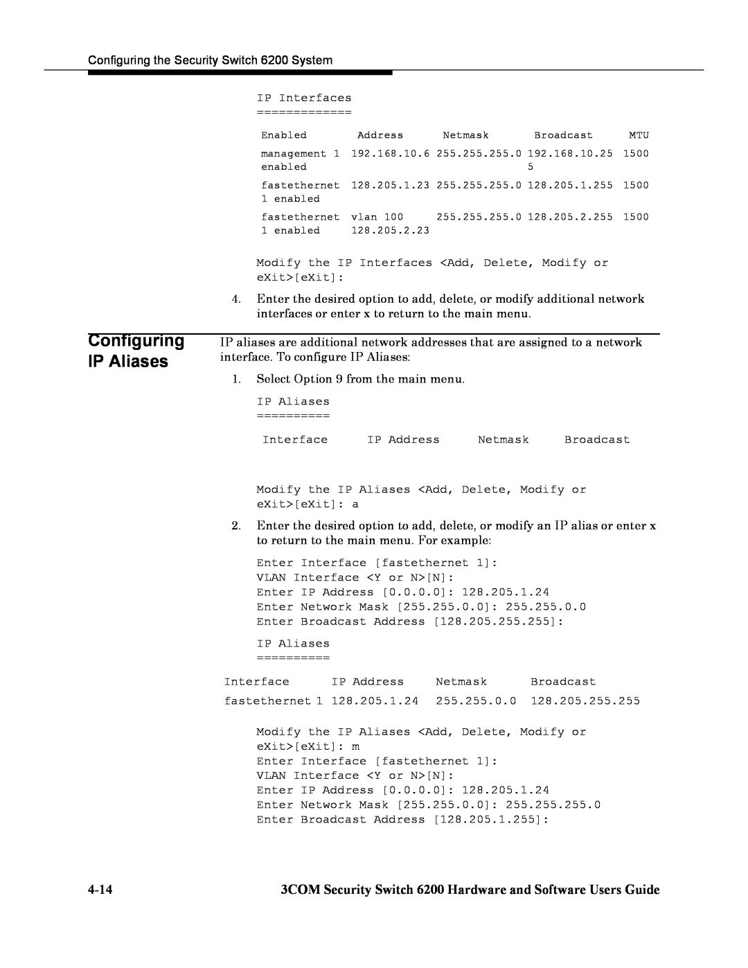 3Com manual IP Aliases, 4-14, Configuring, 3COM Security Switch 6200 Hardware and Software Users Guide 