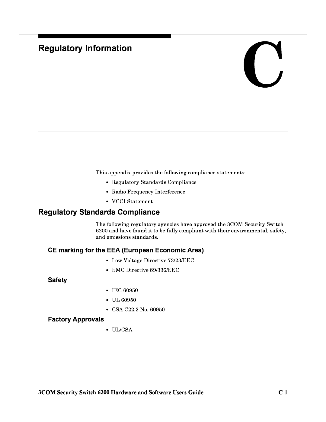 3Com 6200 Regulatory Information, Regulatory Standards Compliance, CE marking for the EEA European Economic Area, Safety 