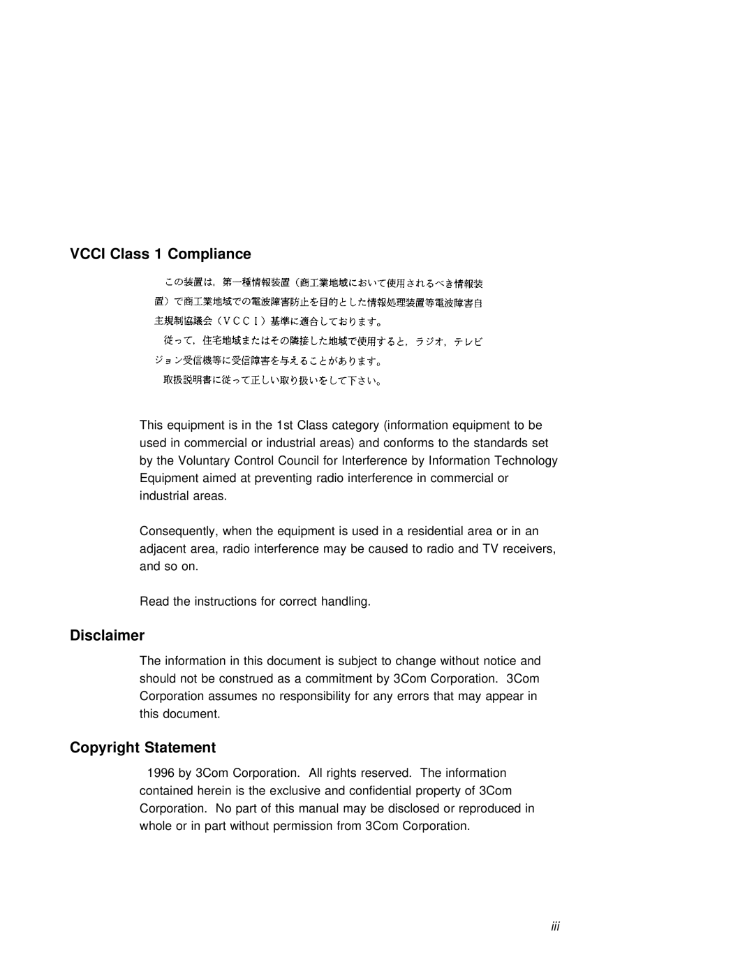 3Com 6412M-25-TP manual Vcci Class 1 Compliance, Disclaimer, Copyright Statement, Iii 