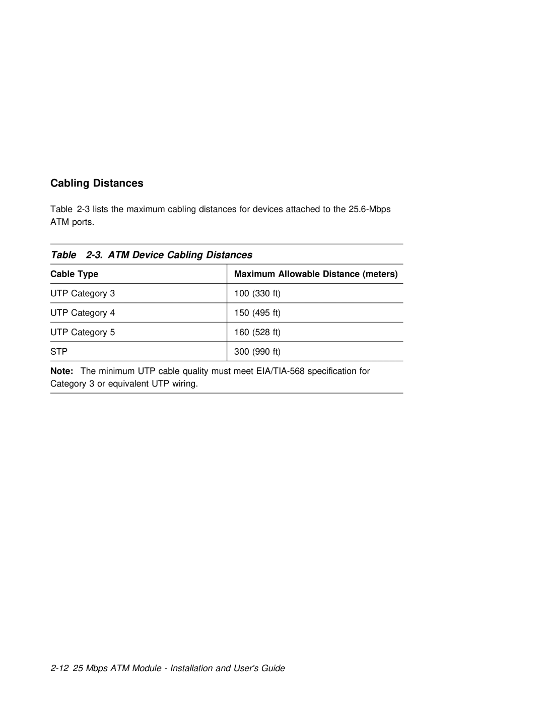 3Com 6412M-25-TP Cabling Distances, Type, Allowable Distance meters, 12 25 Mbps ATM Module Installation and Users Guide 