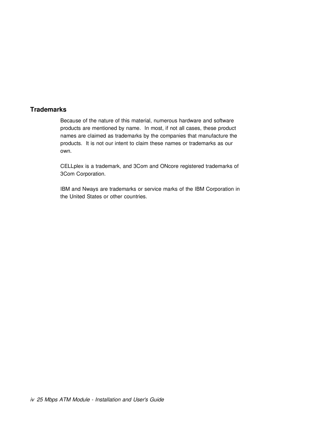 3Com 6412M-25-TP manual Trademarks, Ibm, Iv 25 Mbps ATM Module Installation and Users Guide 