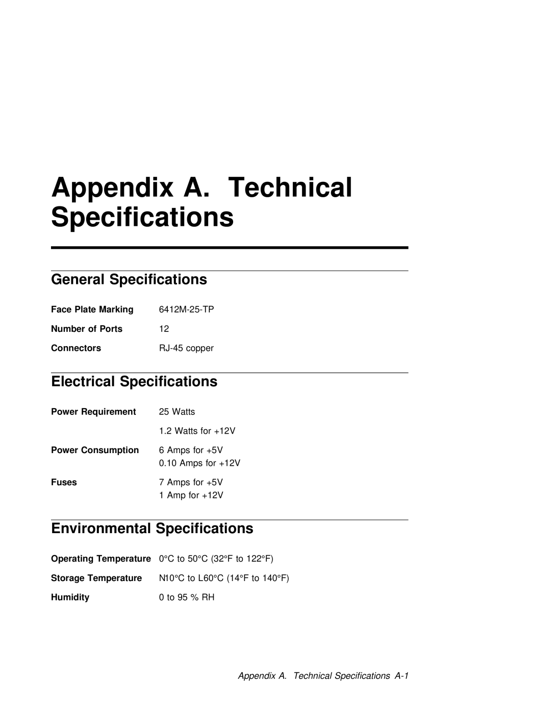 3Com 6412M-25-TP manual General Specifications, Electrical Specifications, Environmental Specifications 