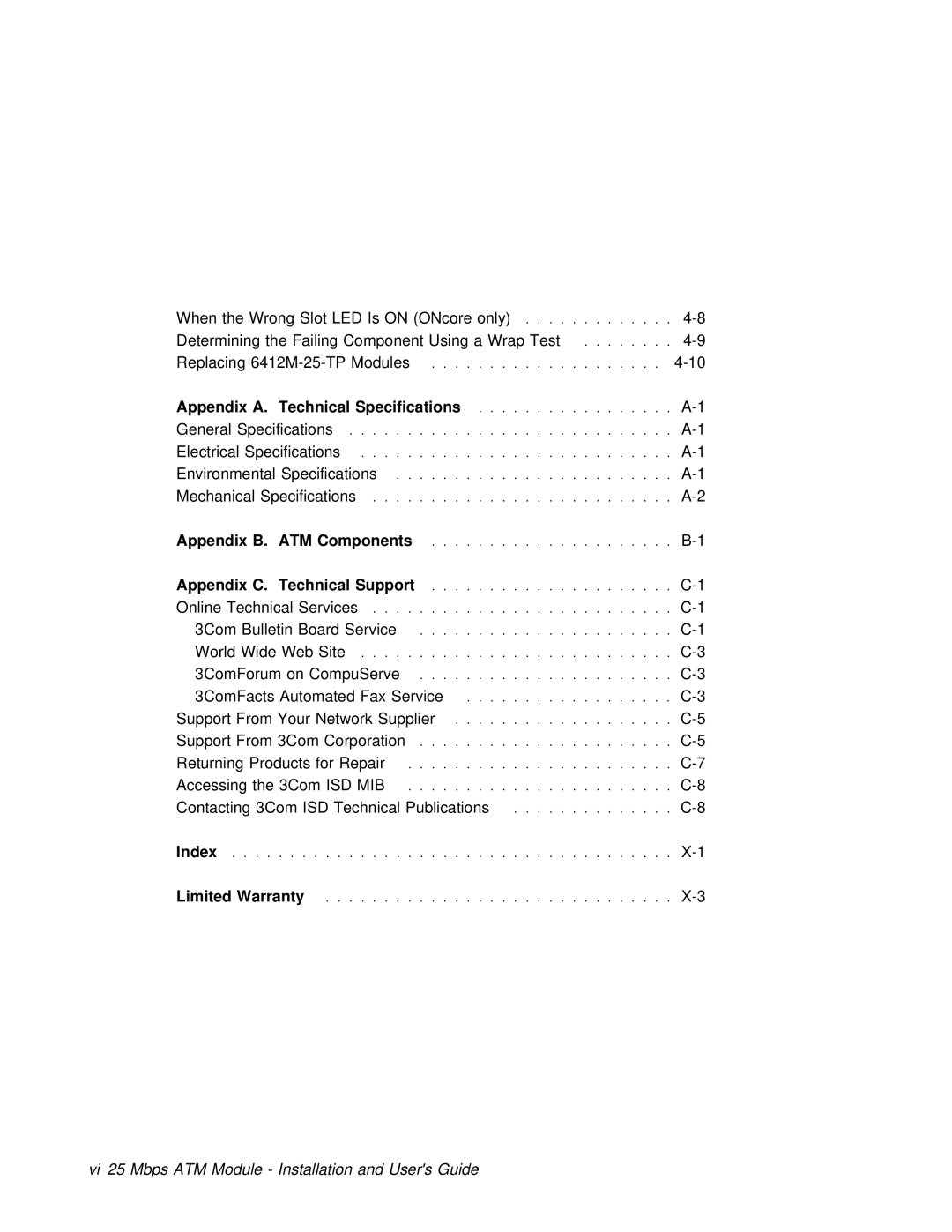 3Com 6412M-25-TP manual Isd, Index, Vi 25 Mbps ATM Module Installation and Users Guide 