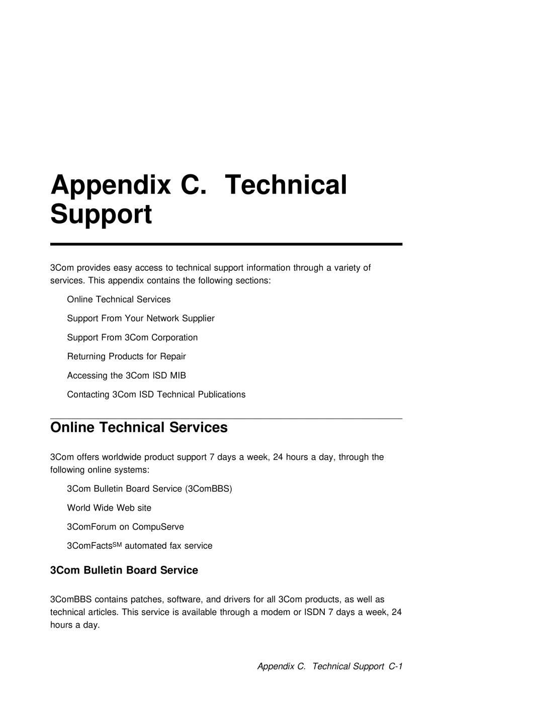 3Com 6412M-25-TP manual Online Technical Services, Board Service, Appendix Technical Support C-1 