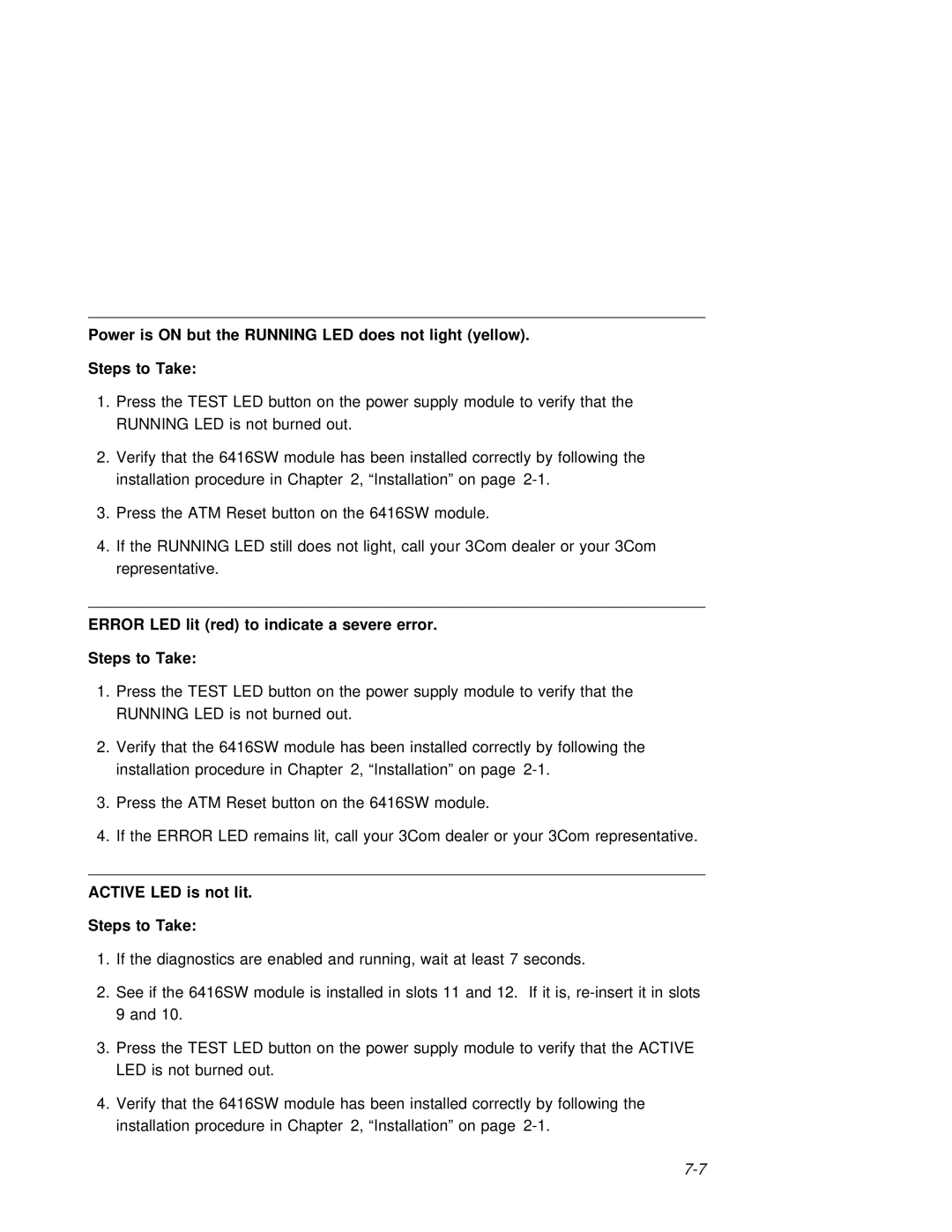 3Com 6416SW manual Error LED lit red to indicate a severe error Steps to Take, Active LED is not lit Steps to Take 
