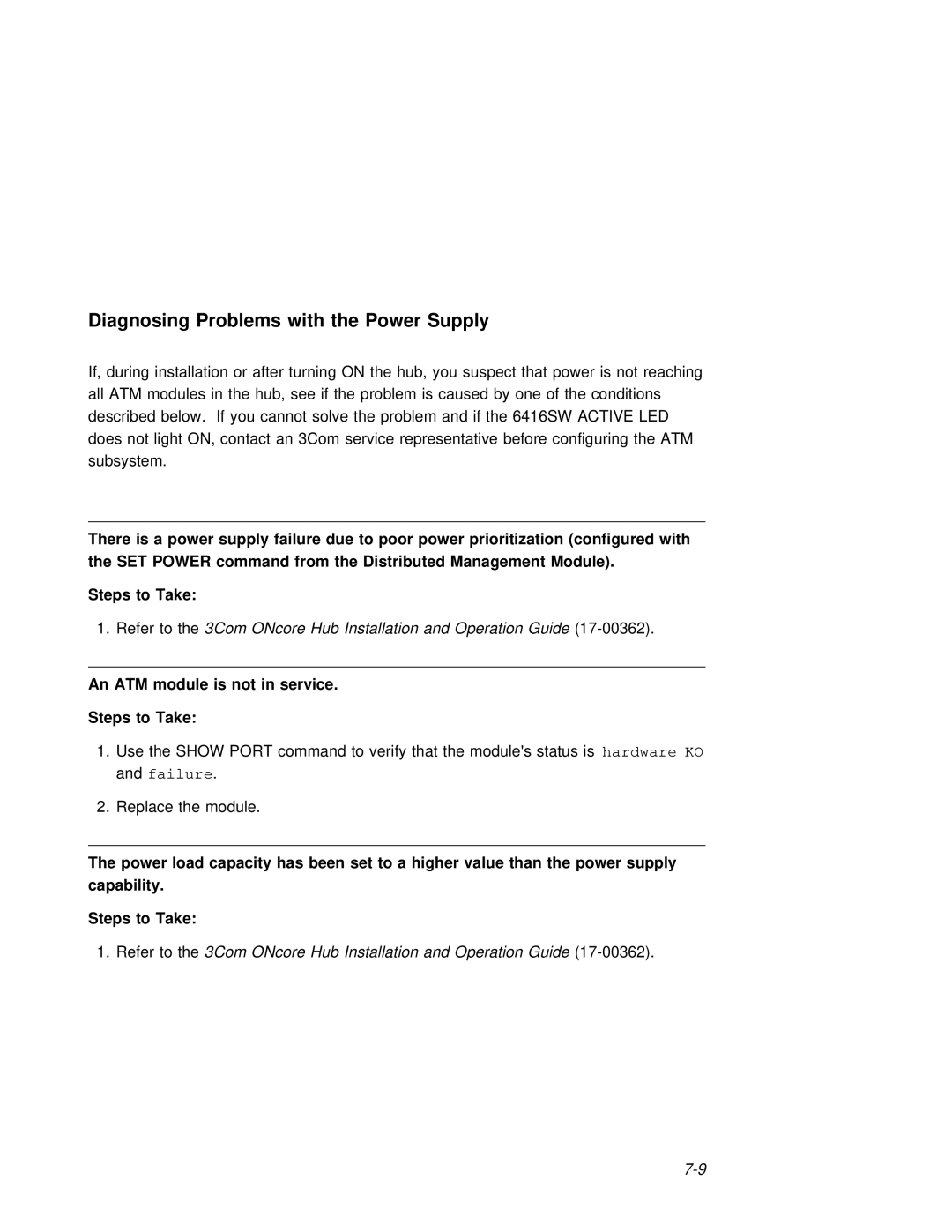 3Com 6416SW manual Due to, Module, An ATM module is not in service Steps to Take, Set to, Supply 