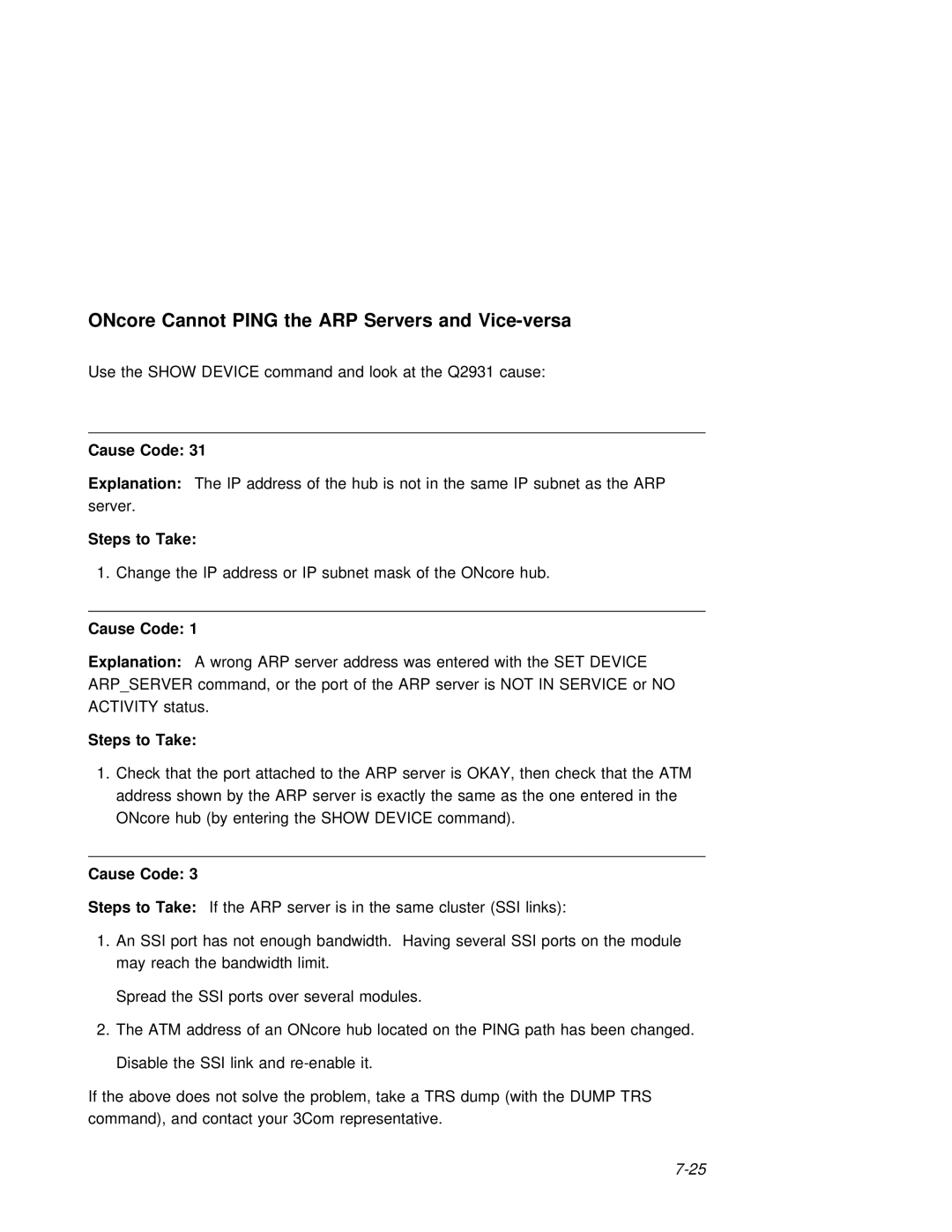 3Com 6416SW manual ONcore Cannot Ping the ARP Servers and Vice-versa, Cause Code, Not, Activity 