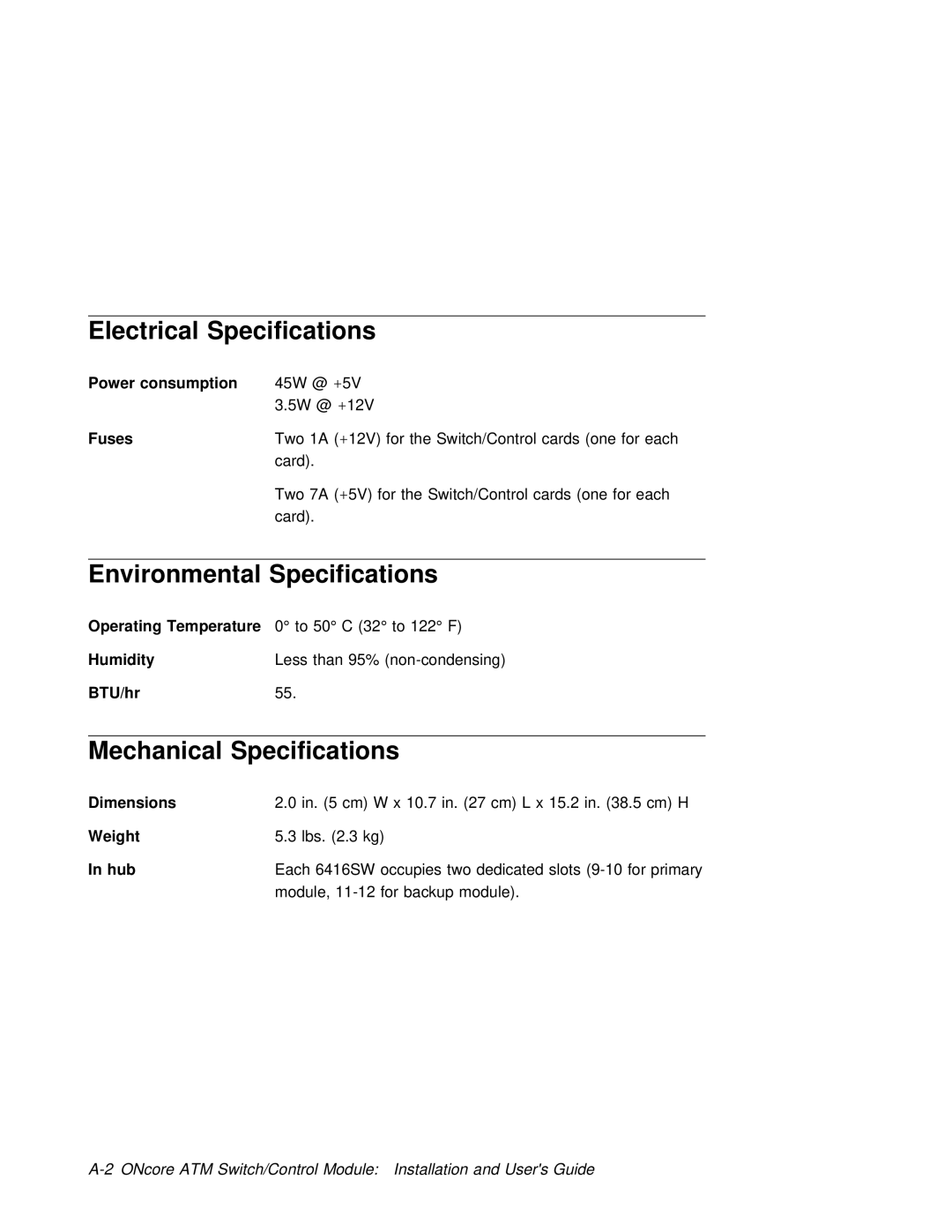 3Com 6416SW manual Electrical Specifications, Environmental Specifications 