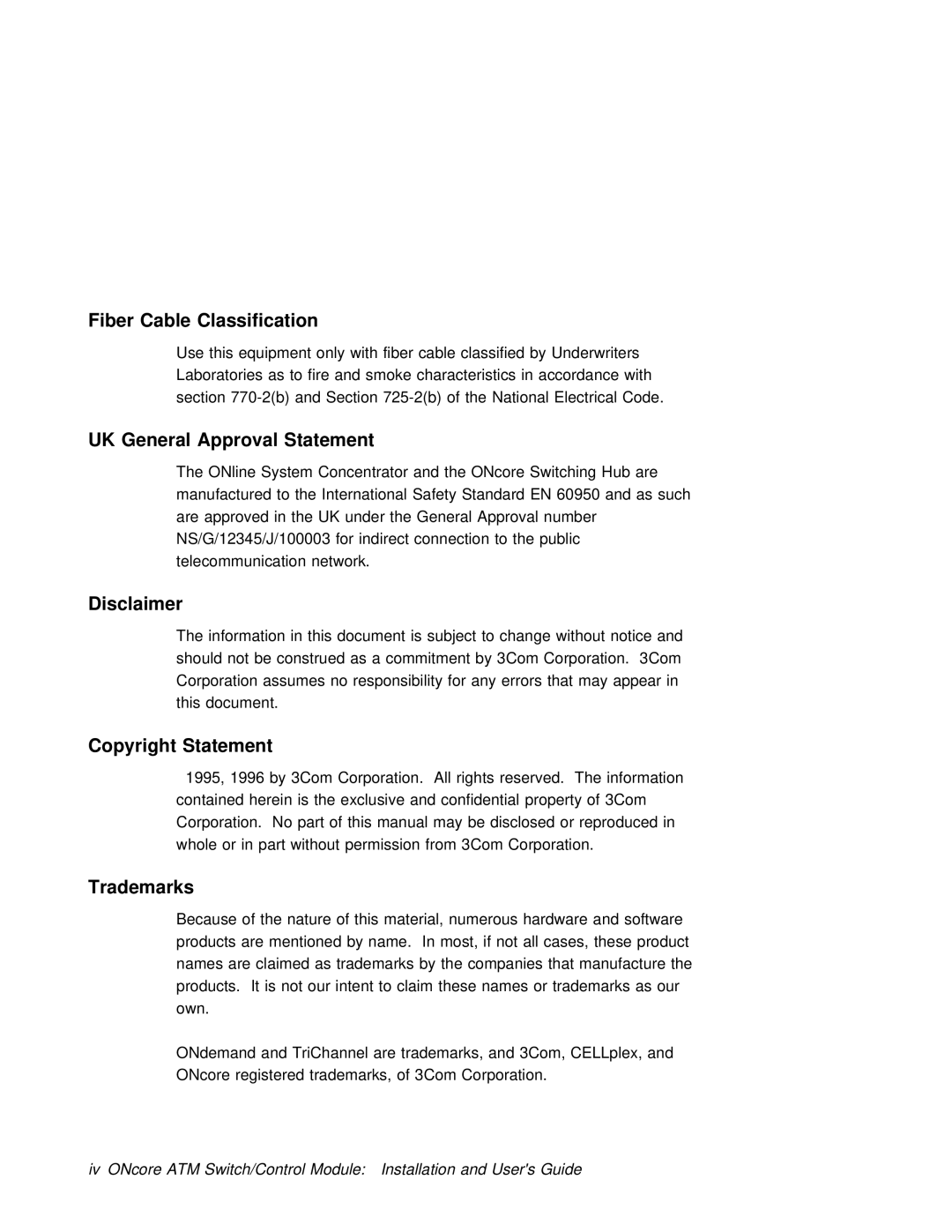 3Com 6416SW manual Fiber Cable Classification, UK General Approval Statement, Disclaimer, Copyright Statement, Trademarks 