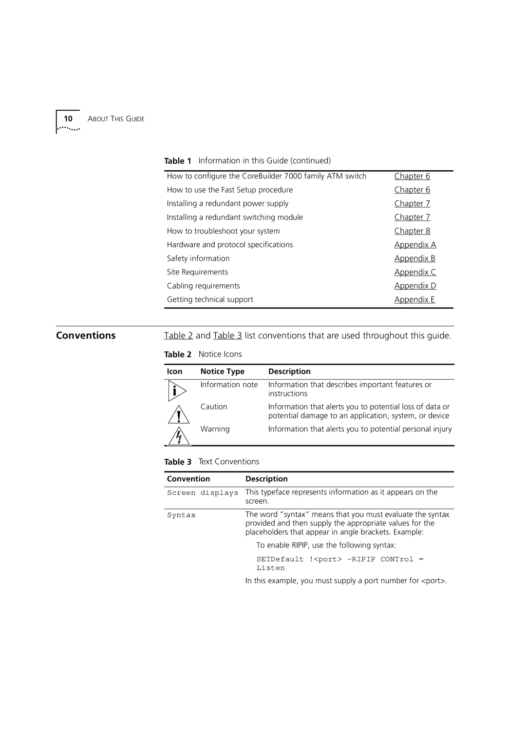 3Com 7000 manual Conventions, Icon Description, Convention Description 