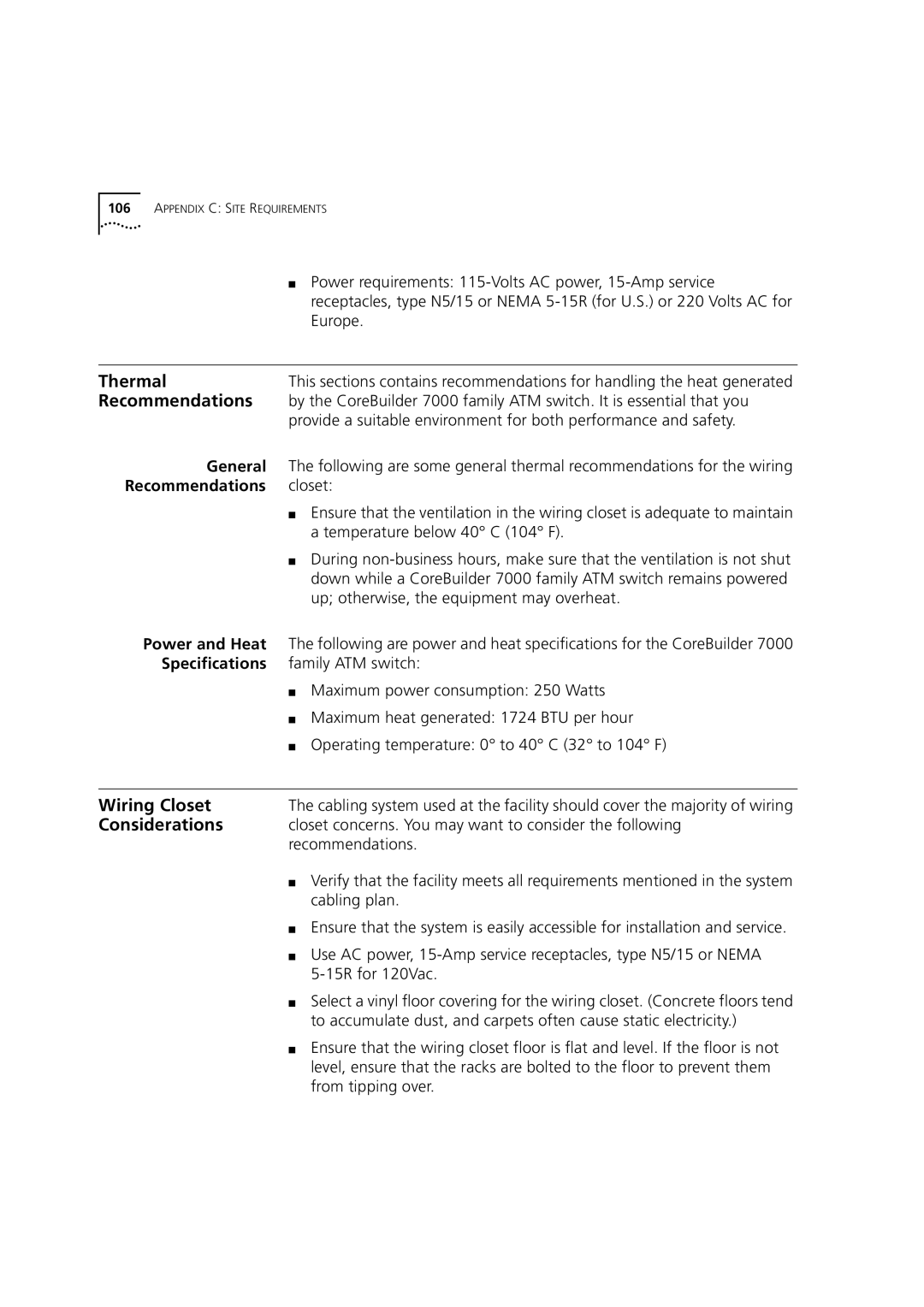 3Com 7000 manual Thermal, Recommendations, Wiring Closet, Considerations 