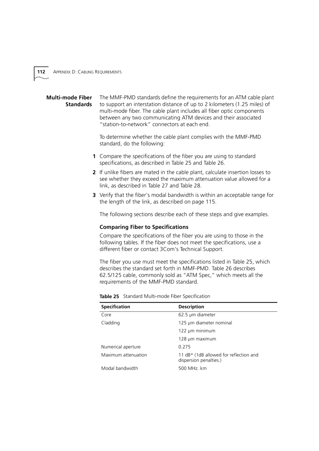 3Com 7000 manual Comparing Fiber to Specifications, Specification Description 