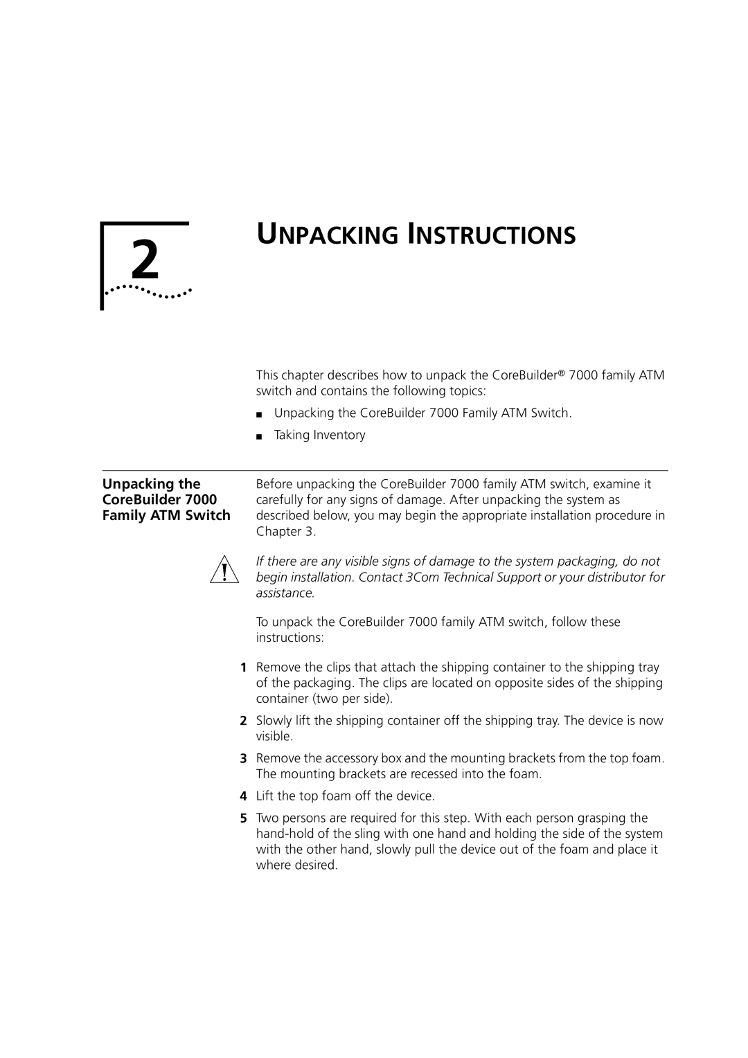 3Com 7000 manual Unpacking Instructions, CoreBuilder, Family ATM Switch 