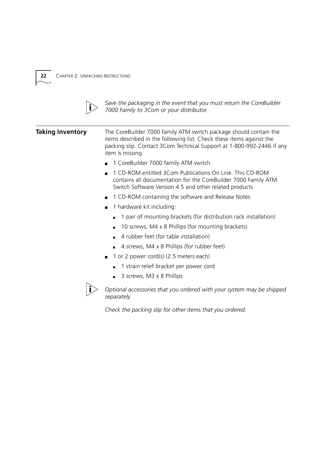 3Com 7000 manual Unpacking Instructions 