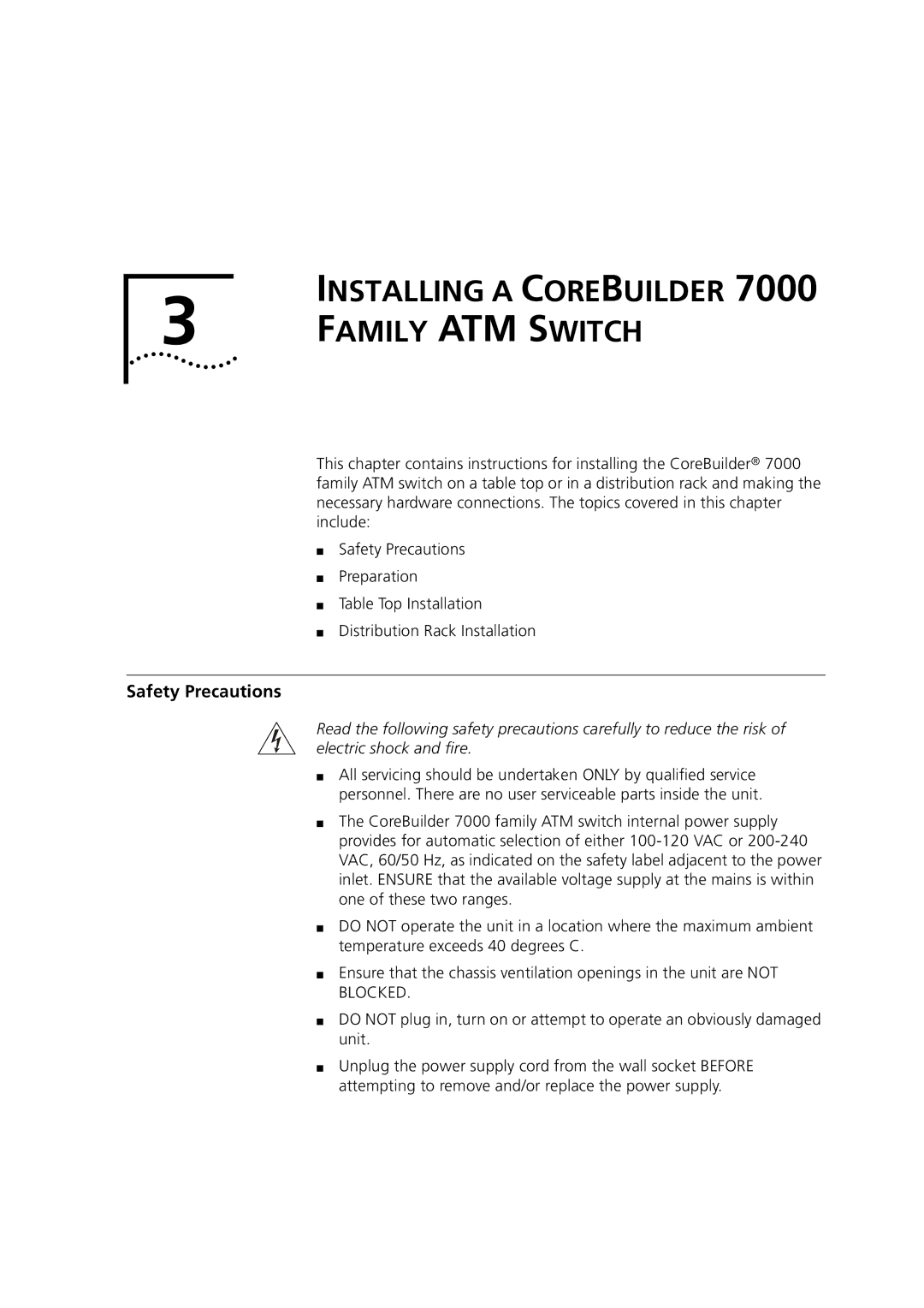 3Com 7000 manual Family ATM Switch, Safety Precautions 