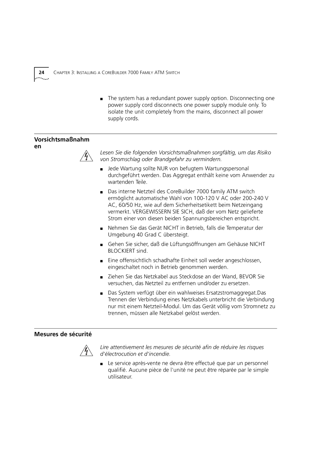 3Com 7000 manual Vorsichtsmaßnahm en, Mesures de sécurité 