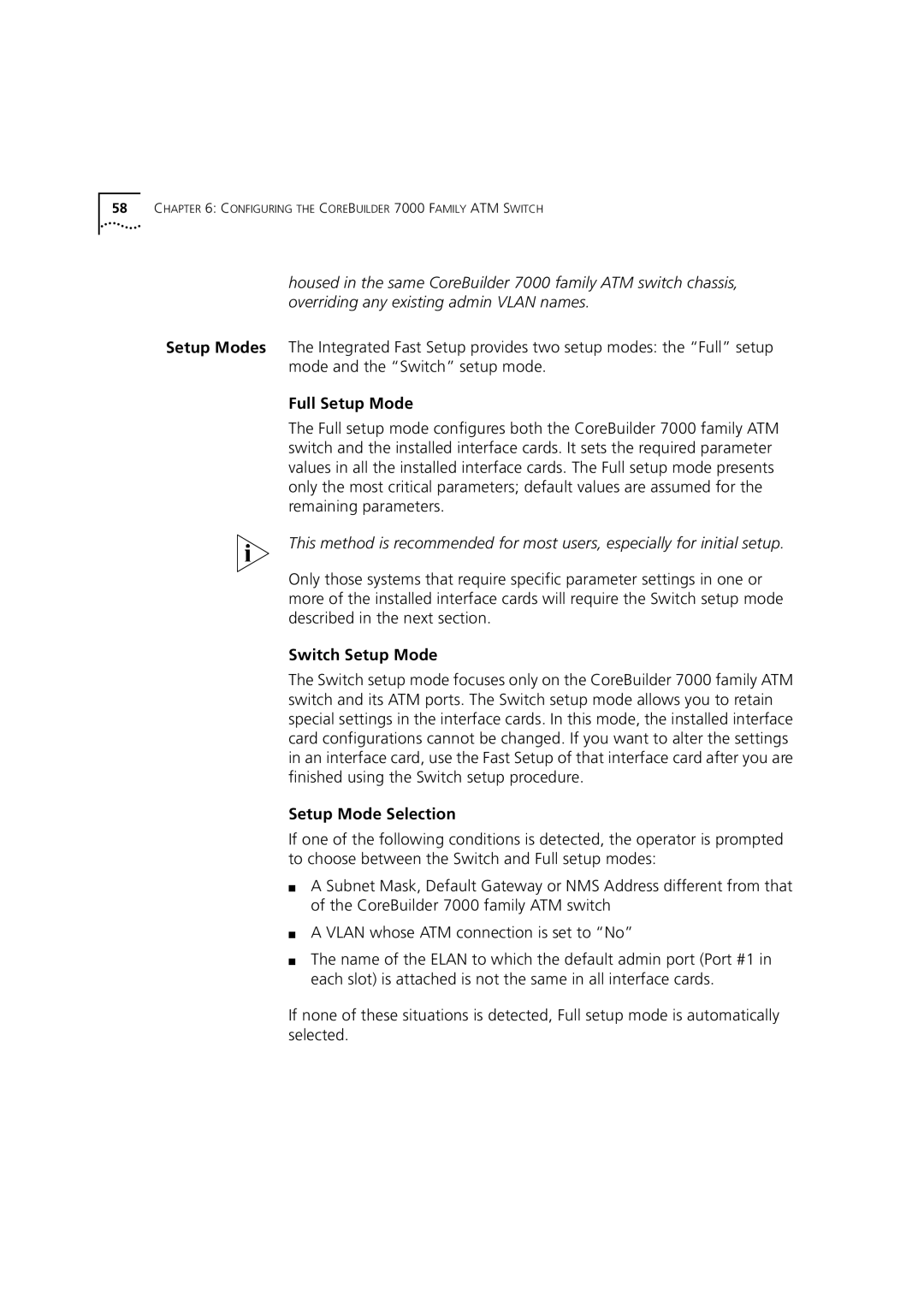 3Com 7000 manual Full Setup Mode, Switch Setup Mode, Setup Mode Selection 