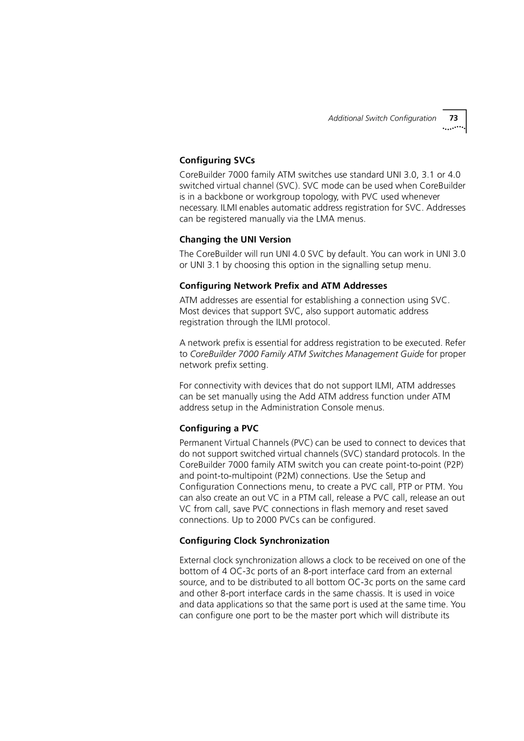 3Com 7000 Configuring SVCs, Changing the UNI Version, Configuring Network Prefix and ATM Addresses, Configuring a PVC 