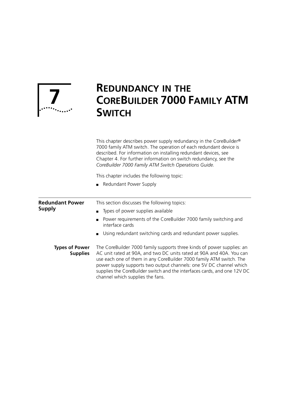 3Com manual Redundancy Corebuilder 7000 Family ATM Switch, Redundant Power Supply, Types of Power Supplies 