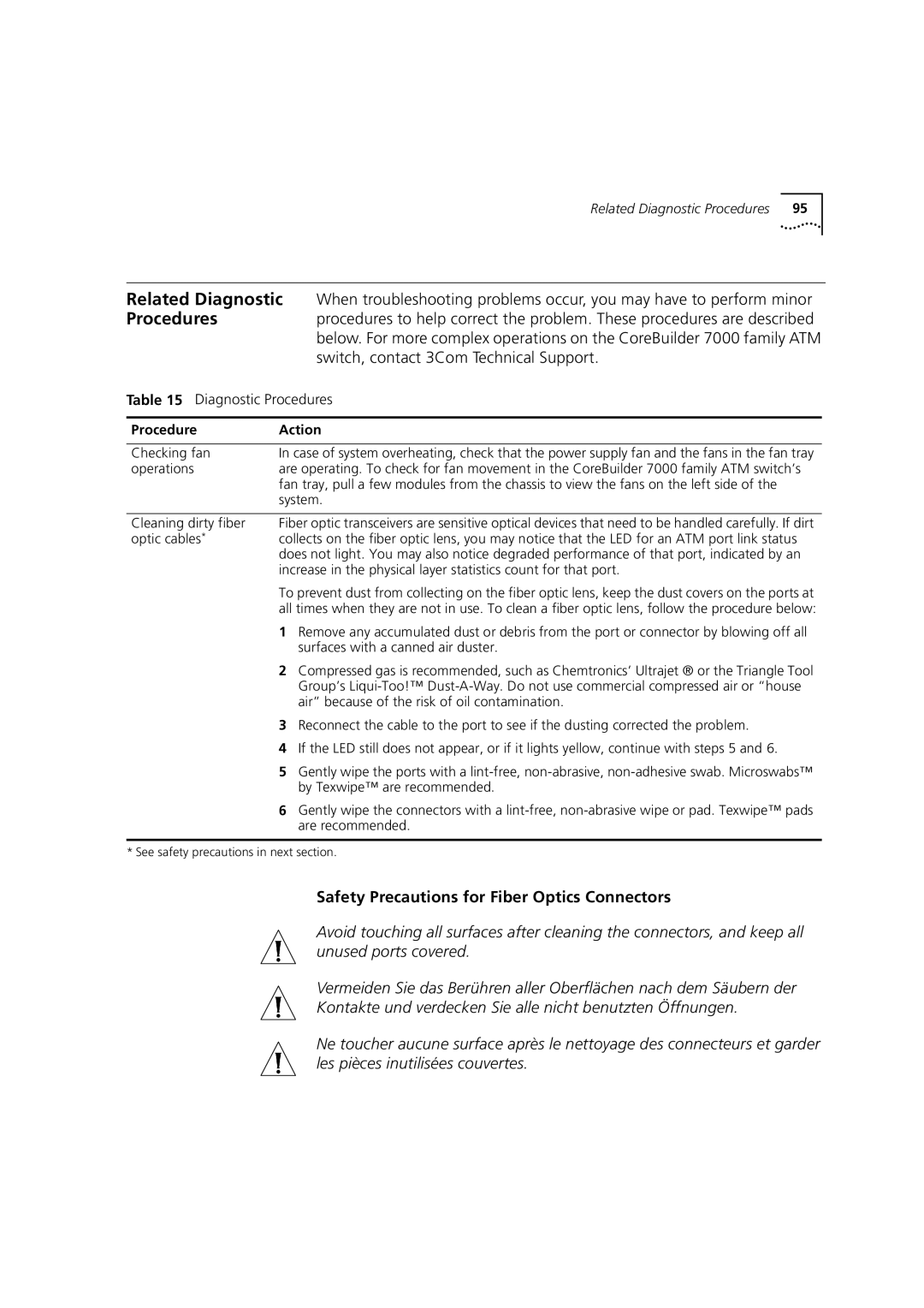 3Com 7000 manual Safety Precautions for Fiber Optics Connectors, Procedure Action 