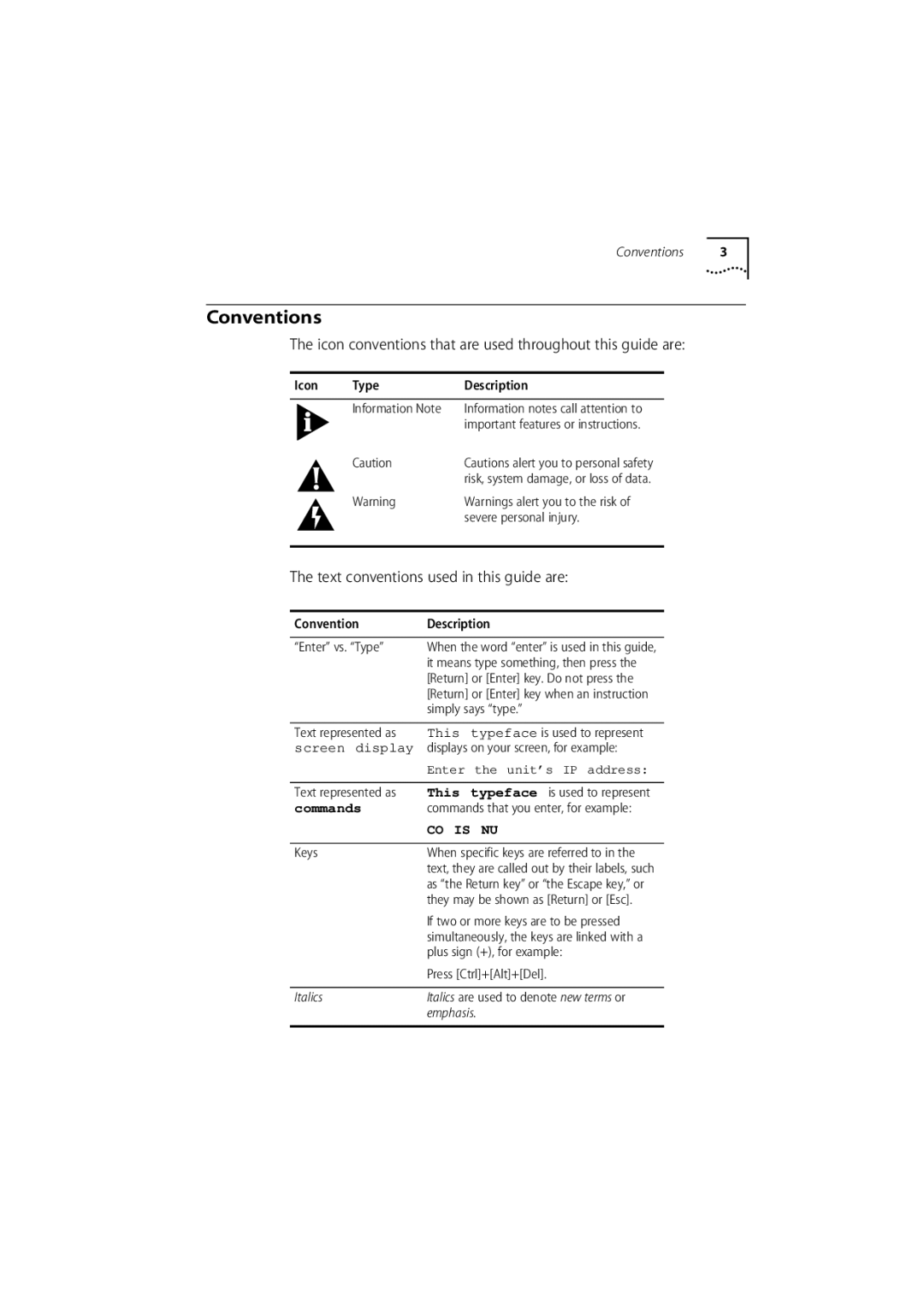 3Com 7000 manual Conventions, Icon conventions that are used throughout this guide are 