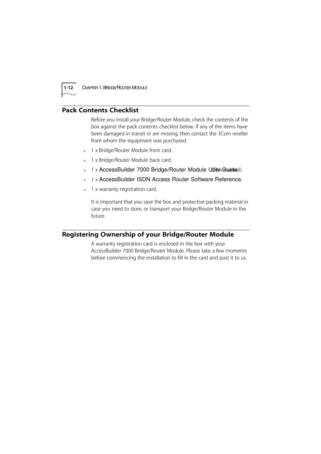 3Com 7000 manual Pack Contents Checklist, Registering Ownership of your Bridge/Router Module 