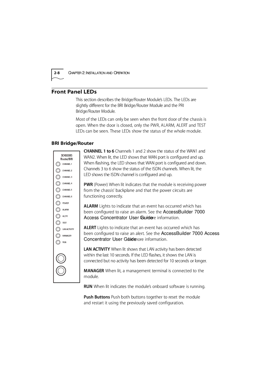 3Com 7000 manual Front Panel LEDs, BRI Bridge/Router 