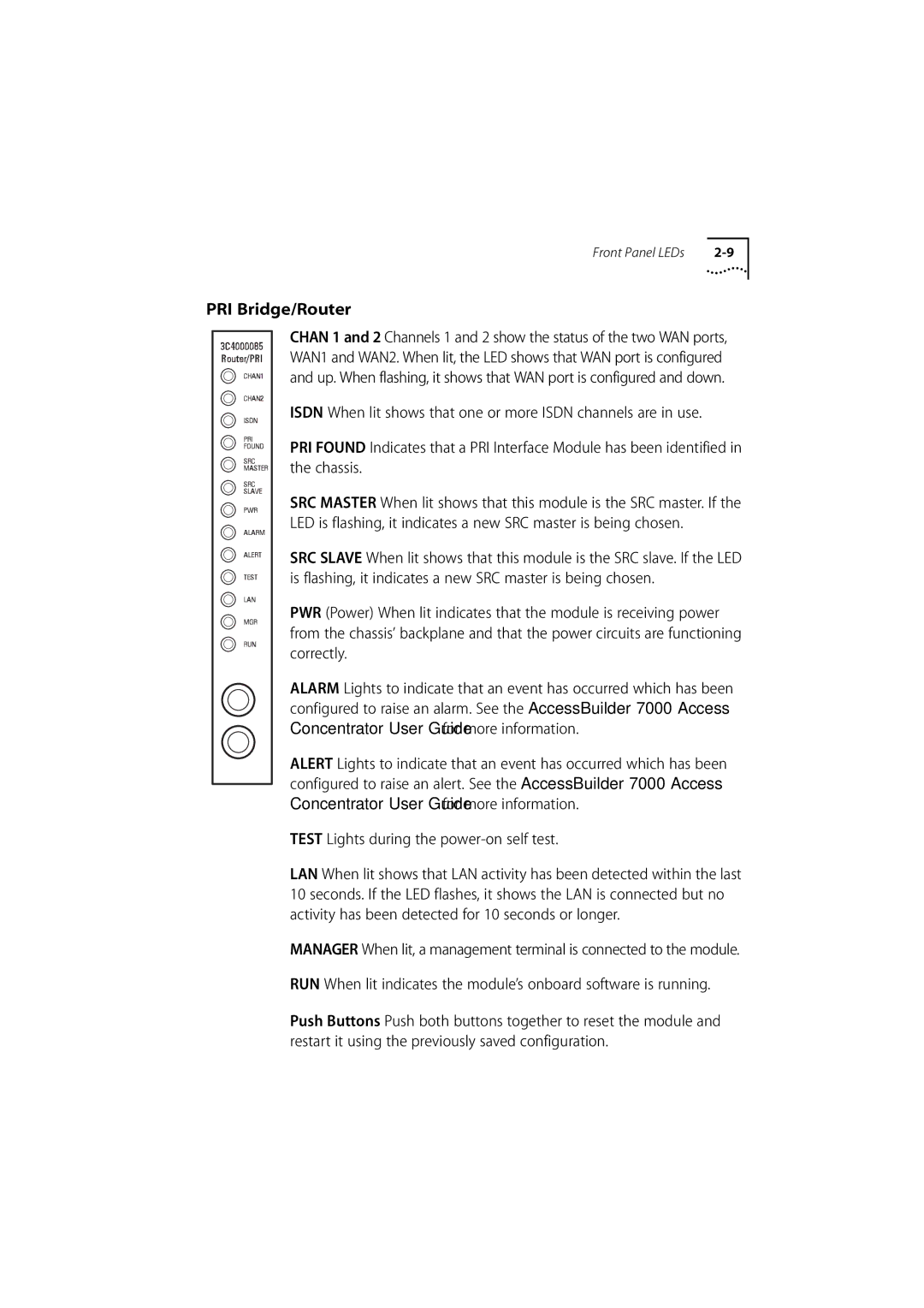 3Com 7000 manual PRI Bridge/Router, Test Lights during the power-on self test 