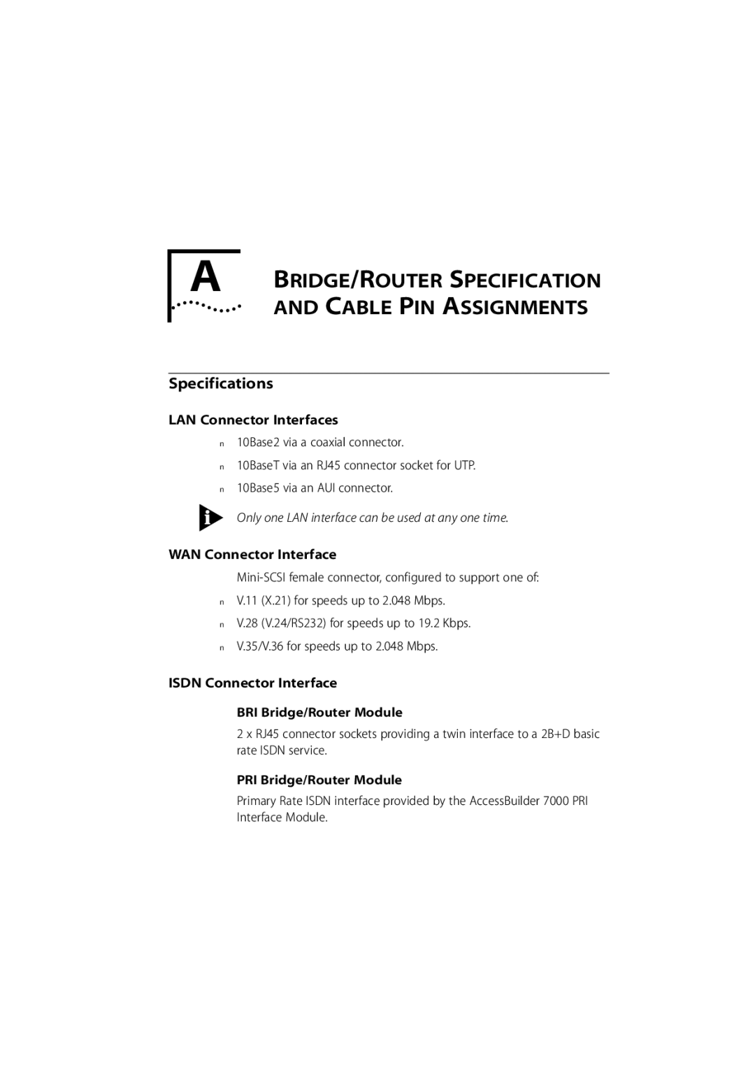 3Com 7000 manual Cable PIN Assignments, Specifications, LAN Connector Interfaces, WAN Connector Interface 