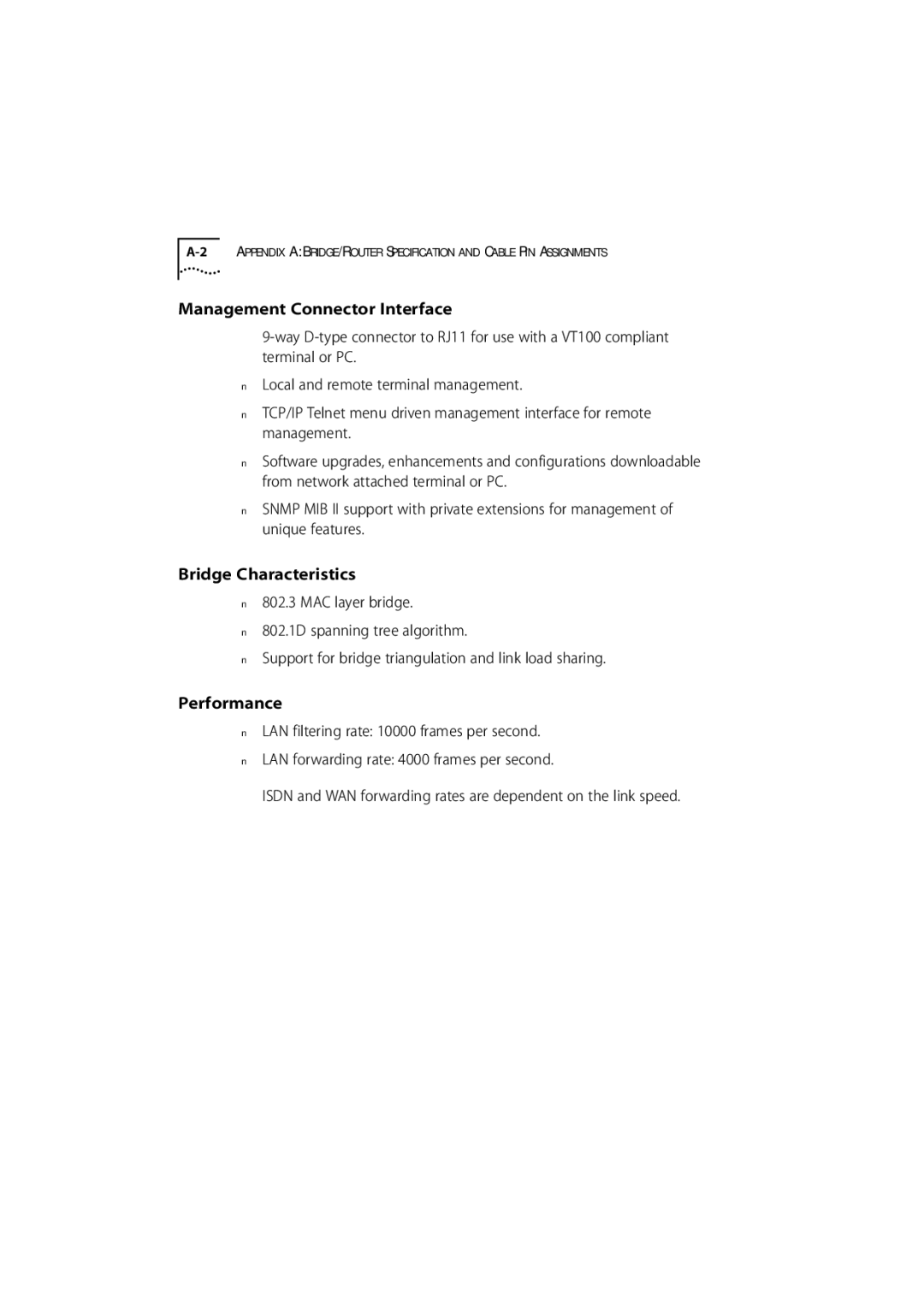 3Com 7000 manual Management Connector Interface, Bridge Characteristics, Performance 