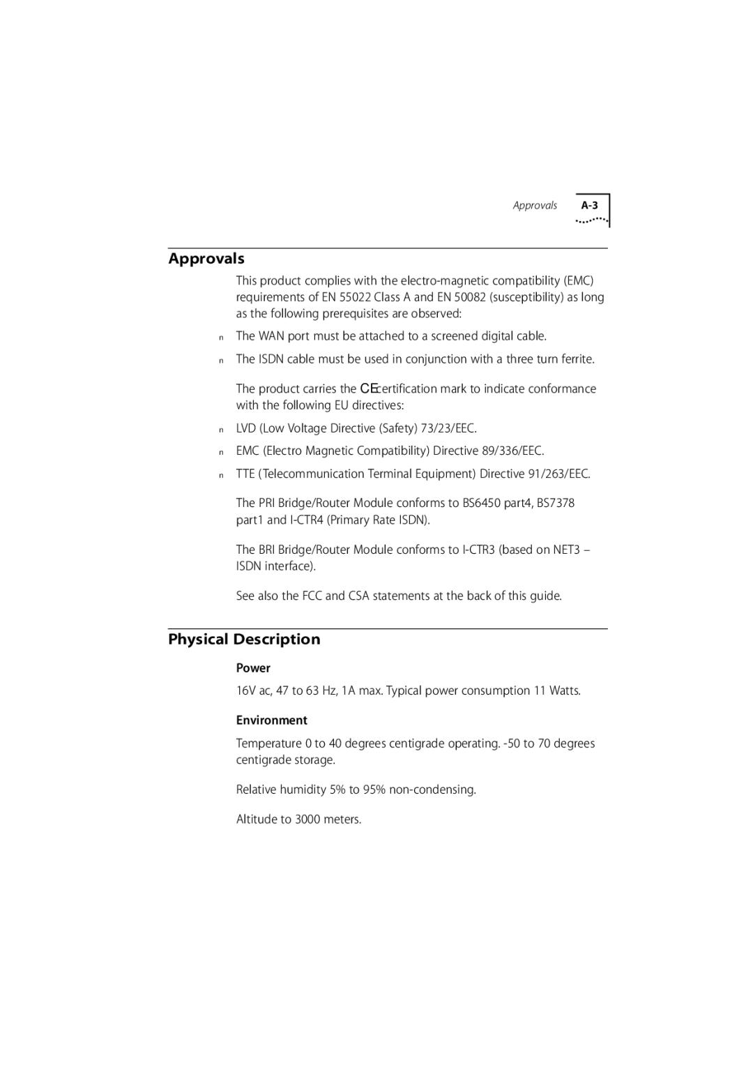 3Com 7000 manual Approvals, Physical Description 